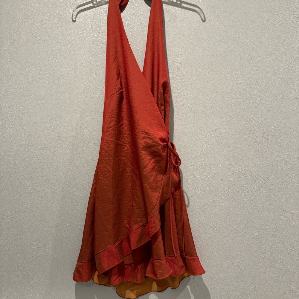 CIDER. Burnt Orange , Halter Dress with Ruffle Hem. PTP 15-17”, length 35”